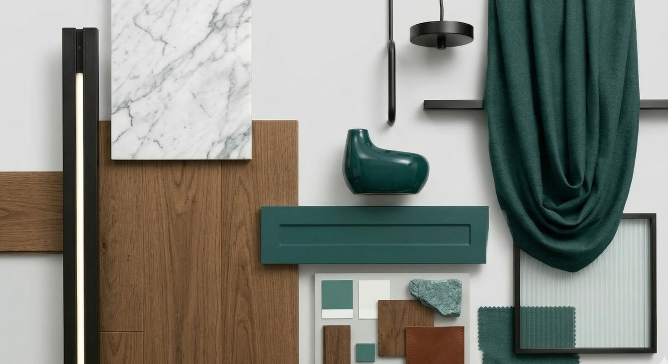 Interior decor featuring wood, marble, ceramic, and textile elements in earthy and teal tones, including a lighting fixture, framed mirror, curtain, and various small sample tiles.
