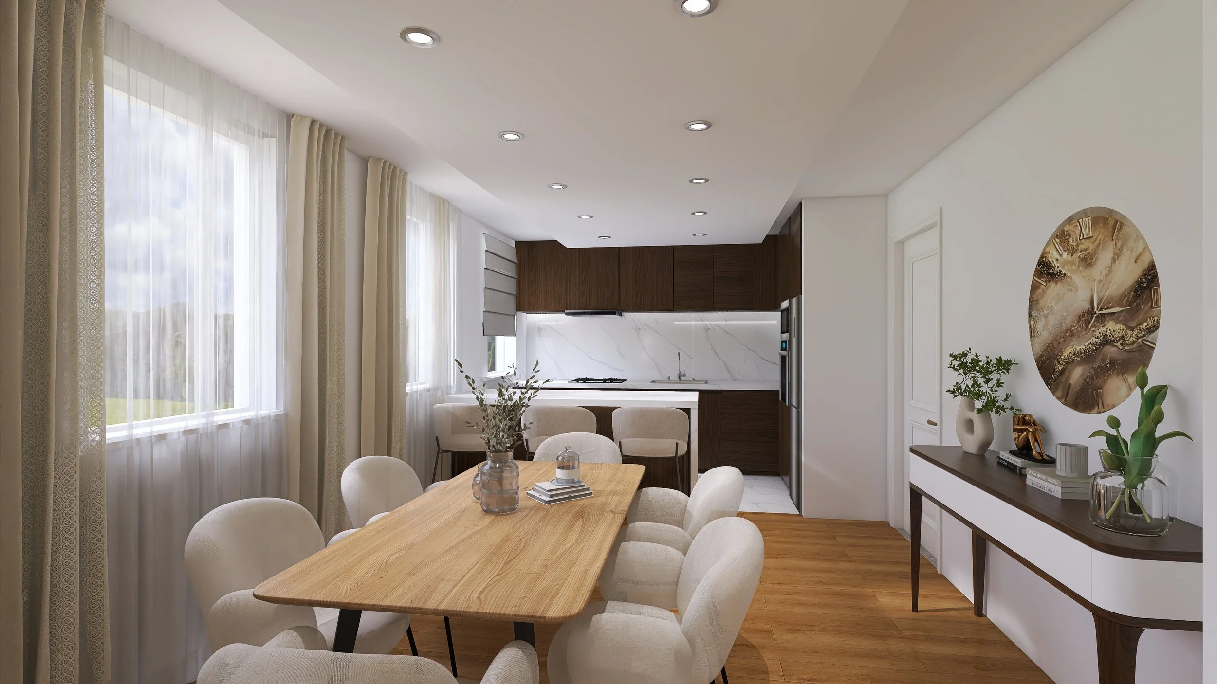 Modern dining area with a wooden table surrounded by white upholstered chairs, large windows with sheer curtains, and a kitchen with dark wood cabinetry and white marble backsplash.