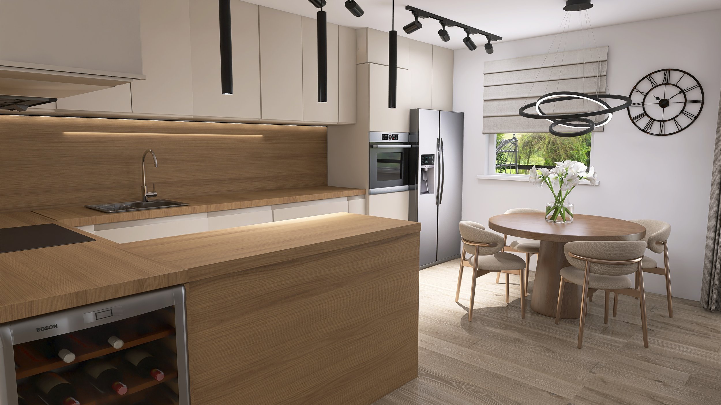 Modern kitchen with light wood cabinets, a round dining table with four beige chairs, a vase of white flowers, a large window, and contemporary lighting fixtures.