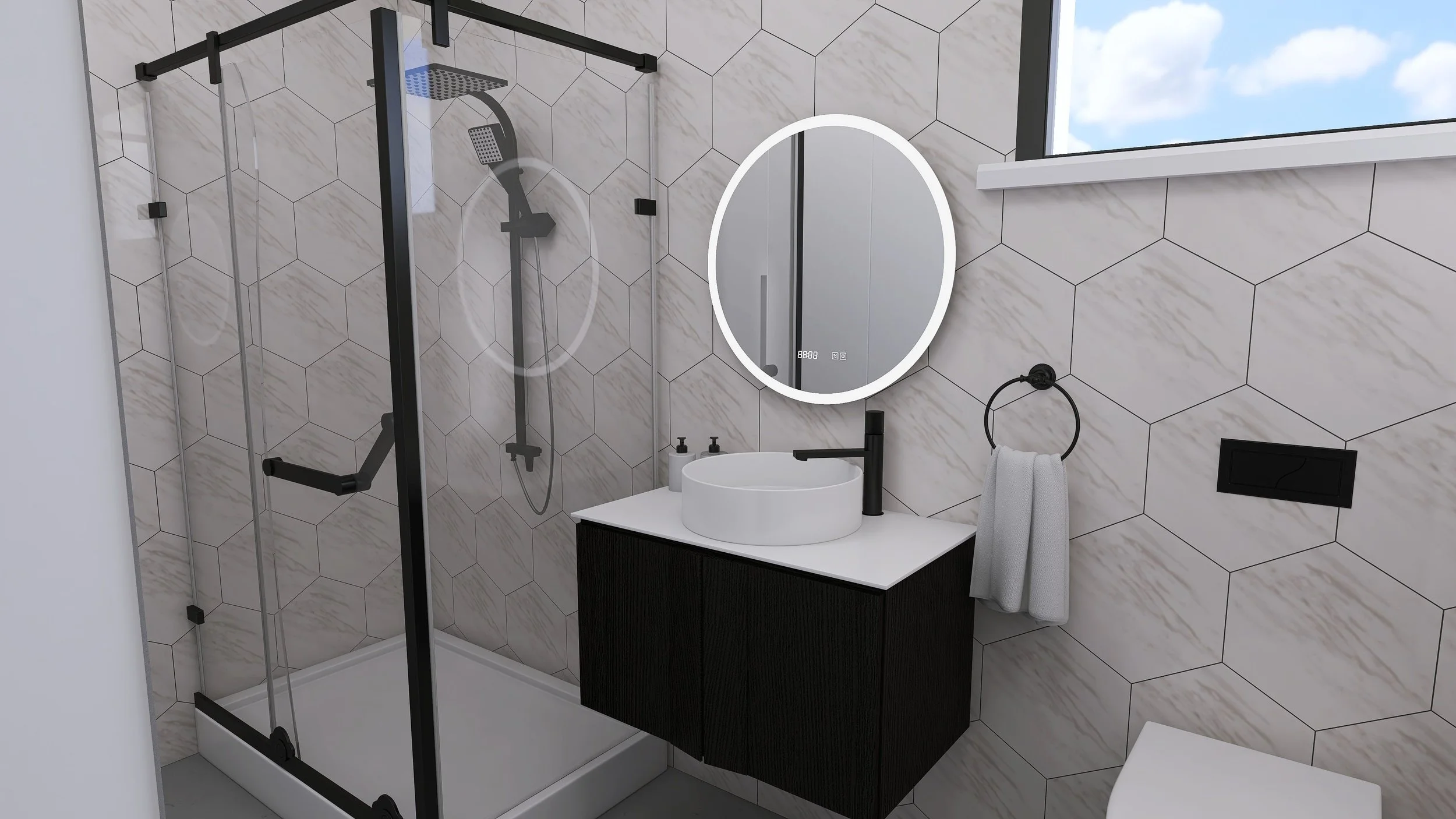 Modern bathroom with a glass shower enclosure, a white ceramic vessel sink on a black vanity, a round backlit mirror, a towel ring with a white towel, a window with a view of the blue sky, and hexagonal wall tiles.