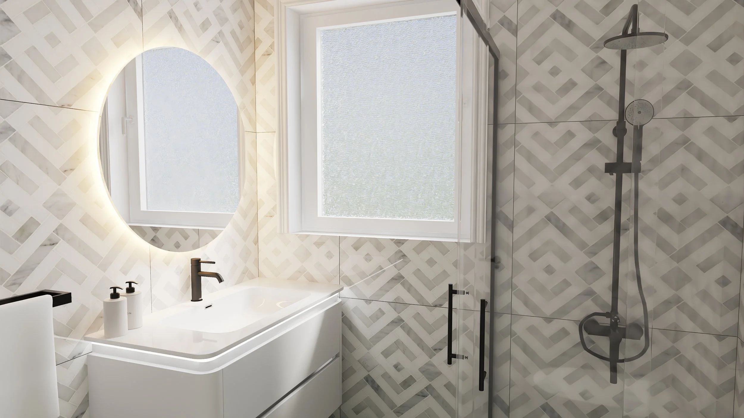 Modern bathroom with geometric patterned tiles, a large illuminated round mirror, a white sink with dark faucet, and a shower area with a black rainfall showerhead and glass enclosure, and two frosted windows.