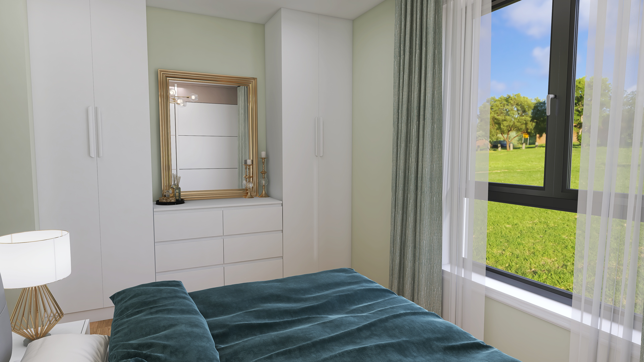 Bedroom with white wardrobes, gold-framed mirror, bedside white nightstand, and a bed with teal bedding. Large window with sheer curtains overlooks a green lawn and trees outside.