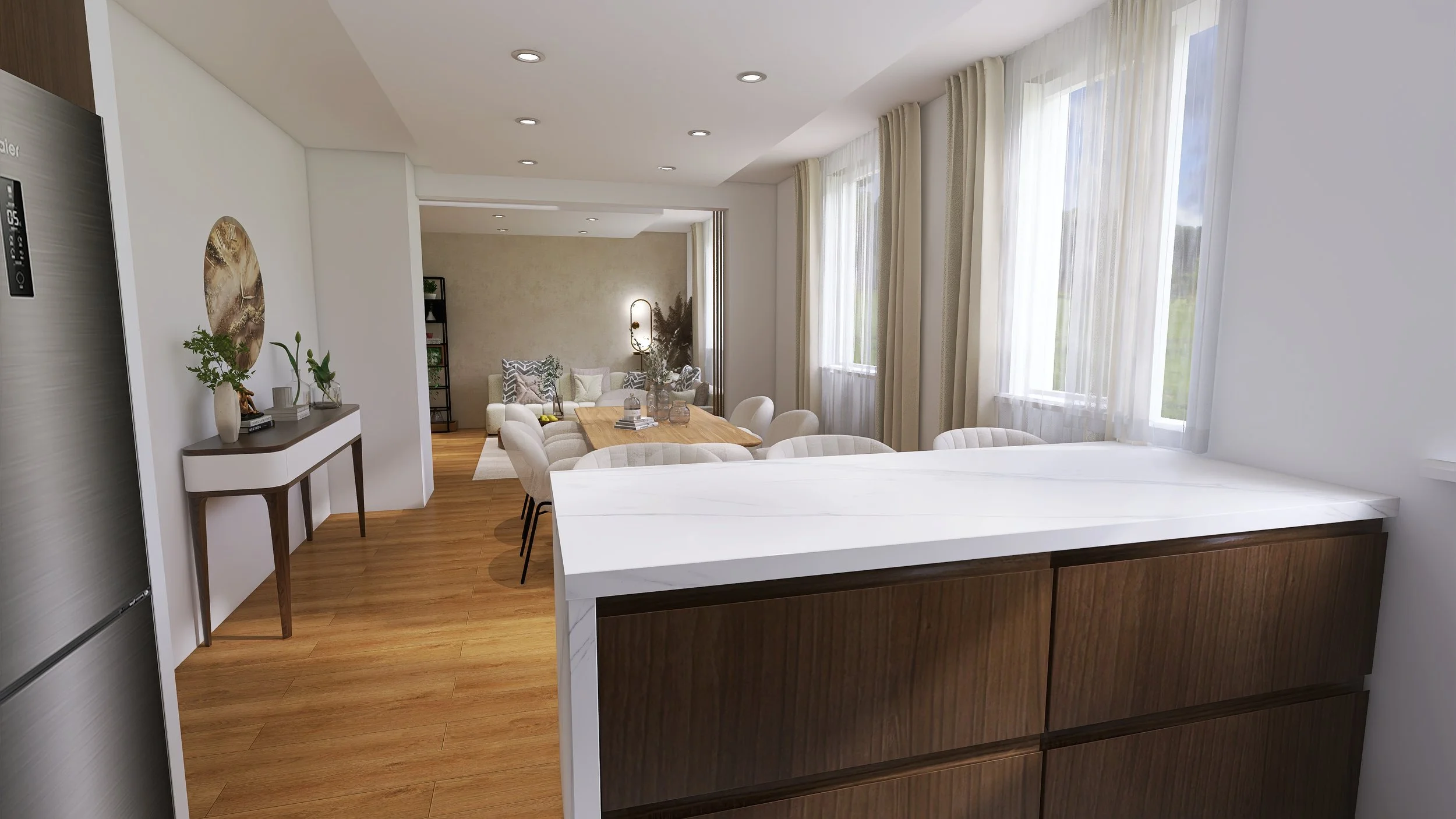 Modern apartment interior with wooden floors, white walls, large windows with curtains, a dining area with a wooden table and white chairs, a living room with a sofa and decorative pillows, a white console table with plants and decorative items, and a kitchen counter with a white marble top and wooden cabinets.