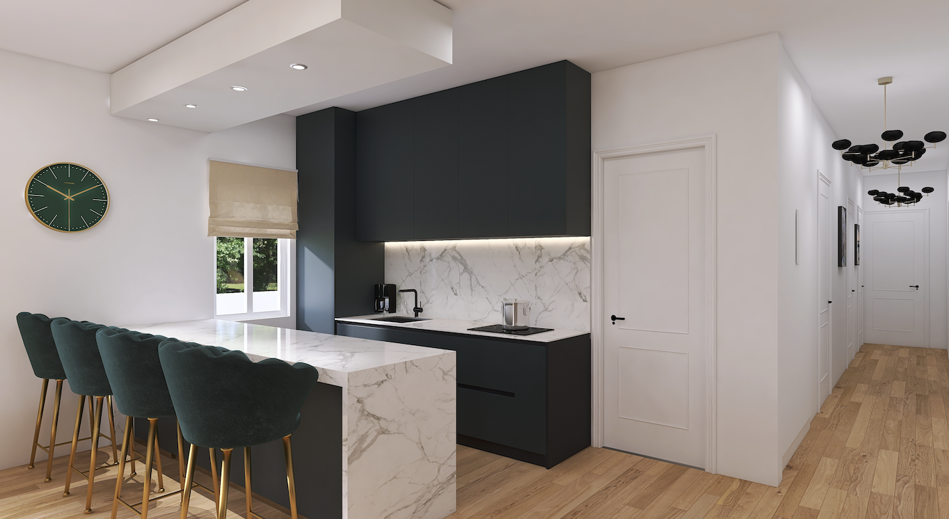 Modern kitchen with black cabinets, white marble backsplash and island, green bar stools with gold legs, and a green wall clock on white wall.