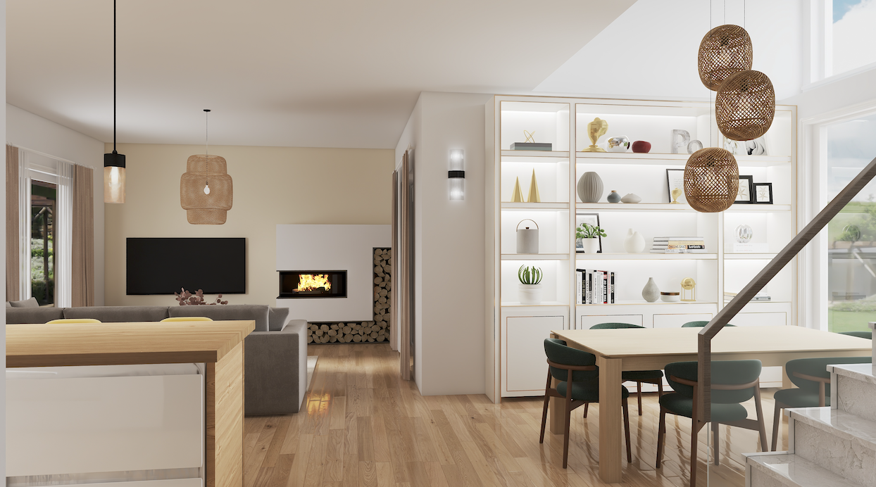 Open-concept living and dining area with modern decor, a gray sofa, a fireplace with wood logs, a wall-mounted TV, a bookshelf with decorative items, and large windows letting in natural light.