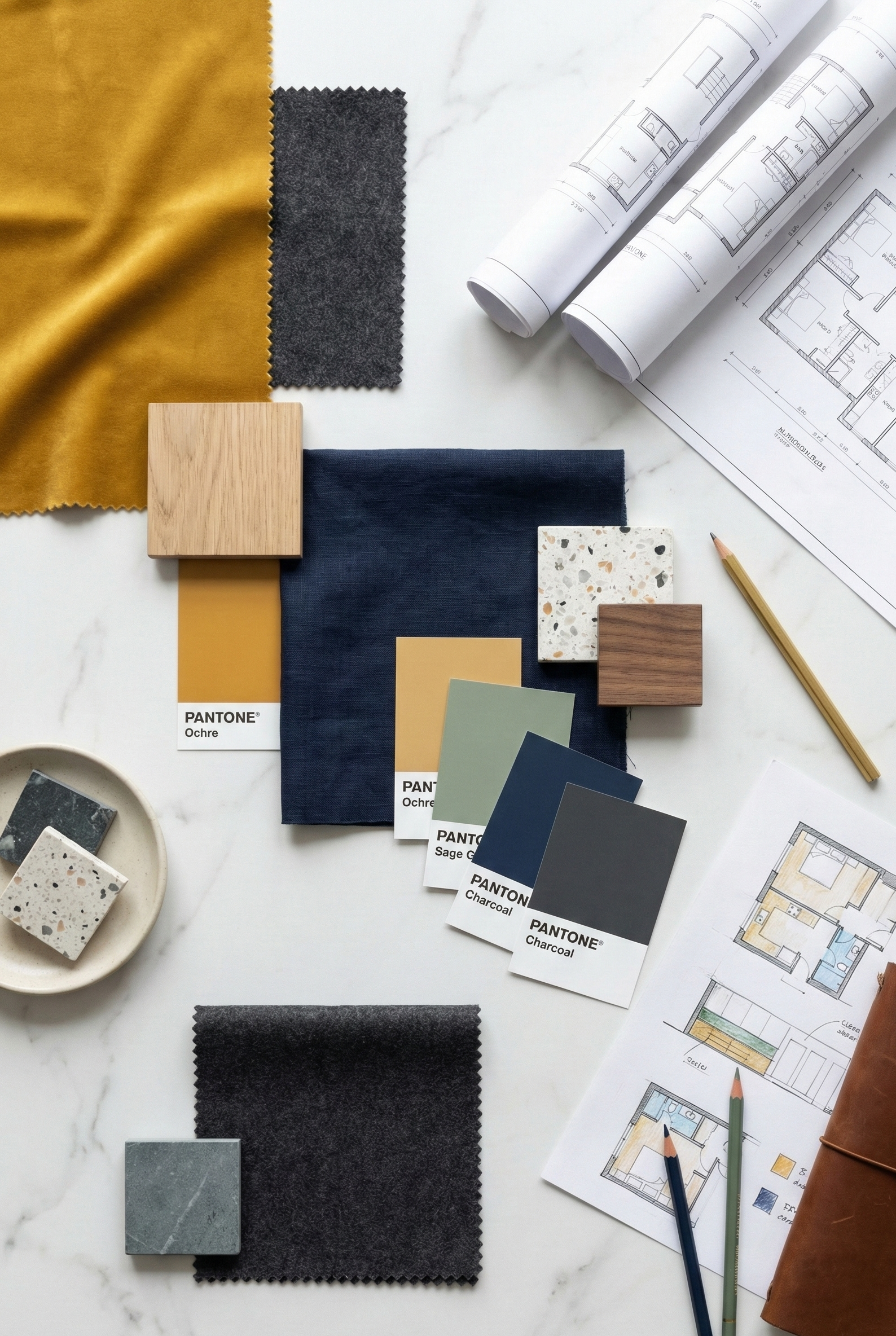 Interior design planning materials including fabric swatches, paint color samples, architectural blueprints, and wooden sample blocks on a white marble surface.