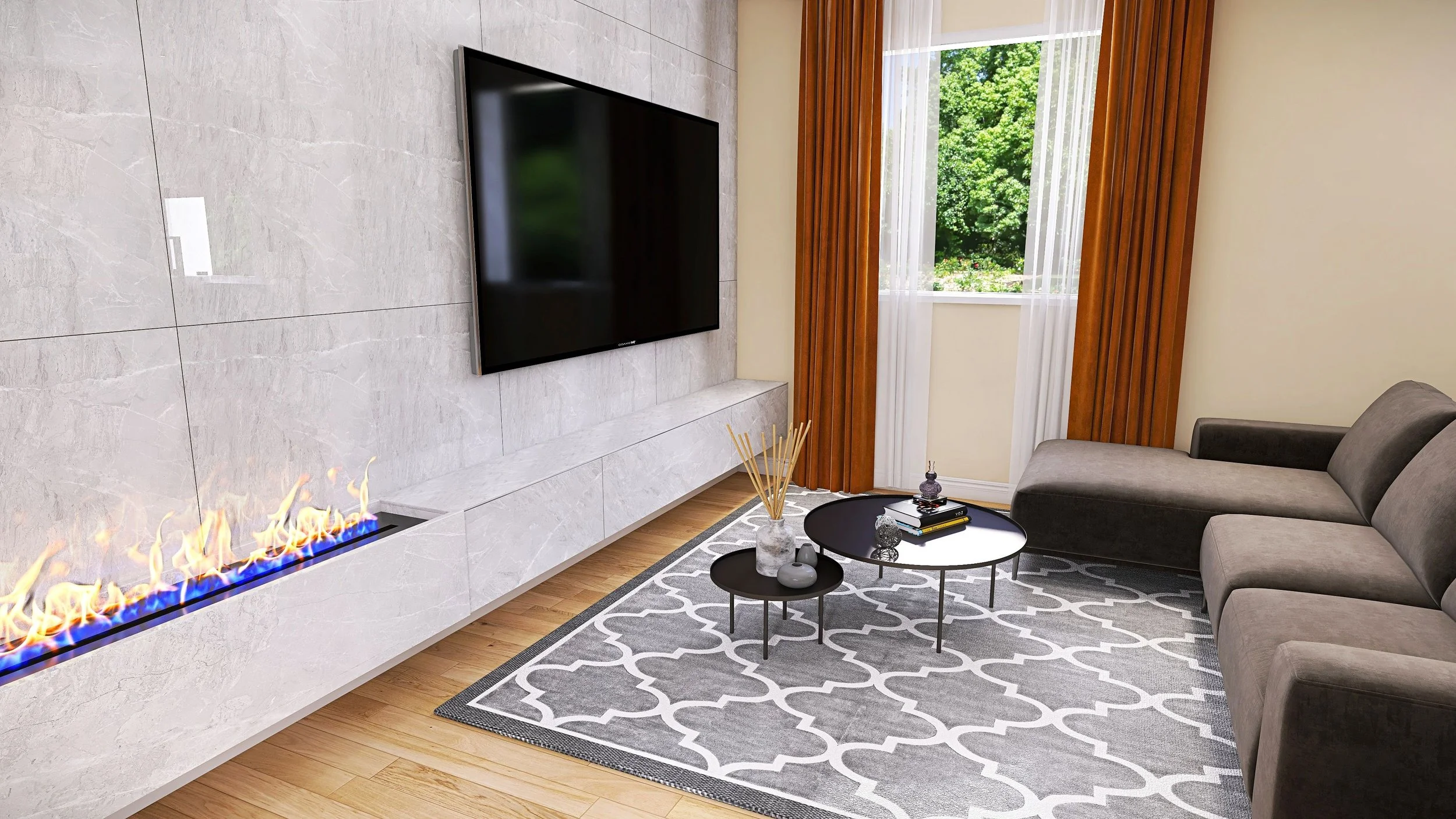 Living room with a flat-screen TV on a gray marble wall, a modern fireplace with yellow and blue flames, a gray sectional sofa, a black and white patterned rug, and a window with wooden curtains overlooking a green outdoor area.