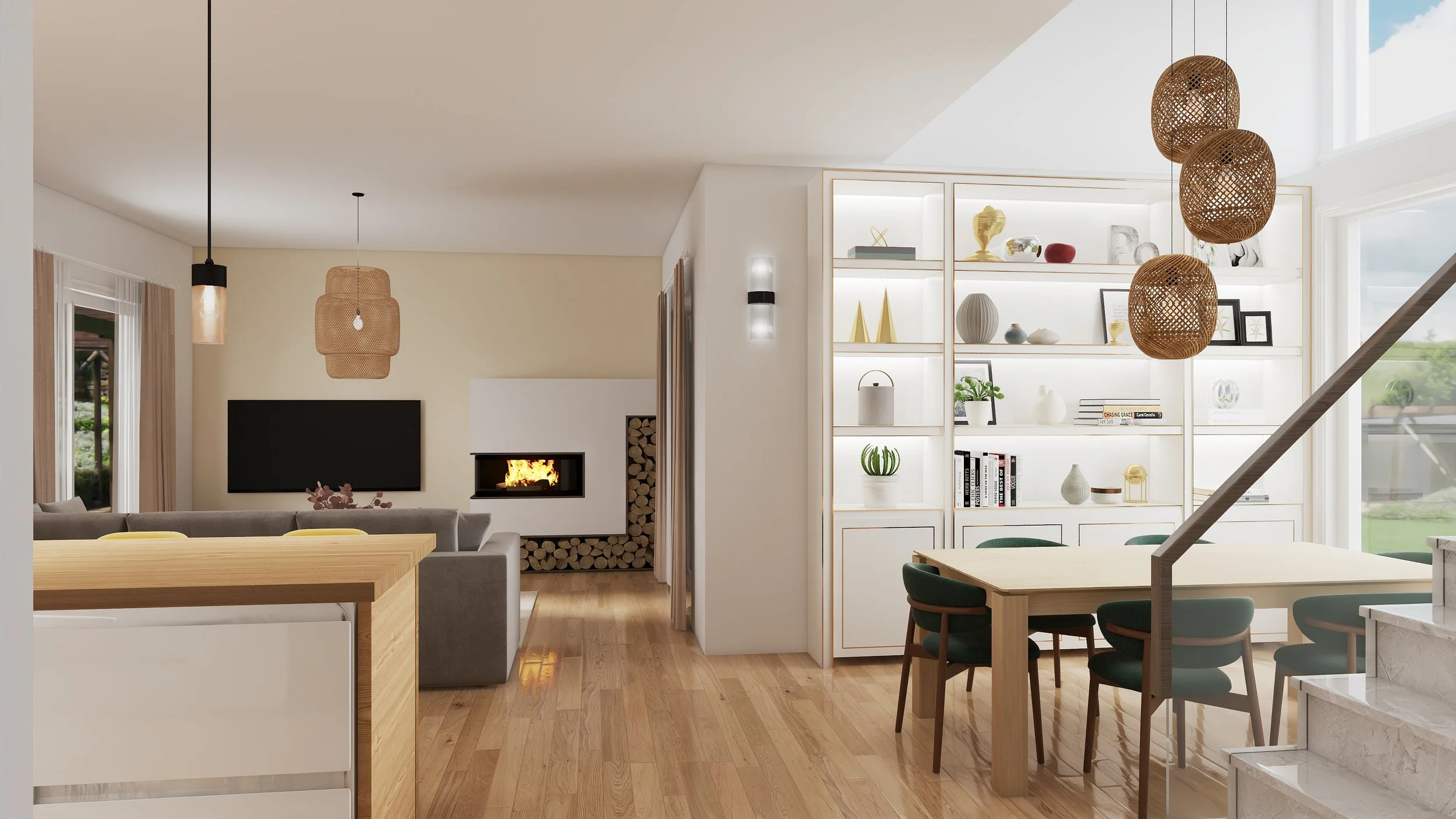 Open-concept living and dining area with wood flooring, a fireplace, shelving with decorative items, and large windows letting in natural light.