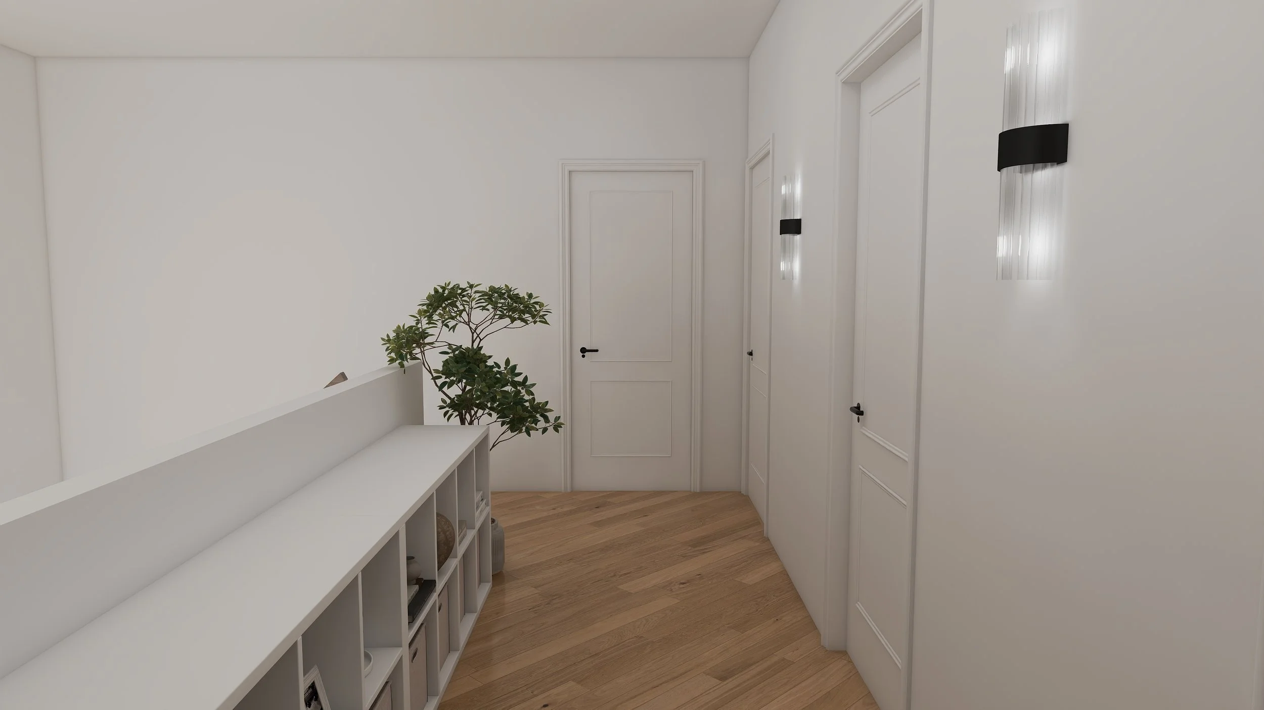 Minimalist hallway with white walls, wooden floor, white doors, a white shelf with decorative items, a potted plant, and modern black wall sconces.