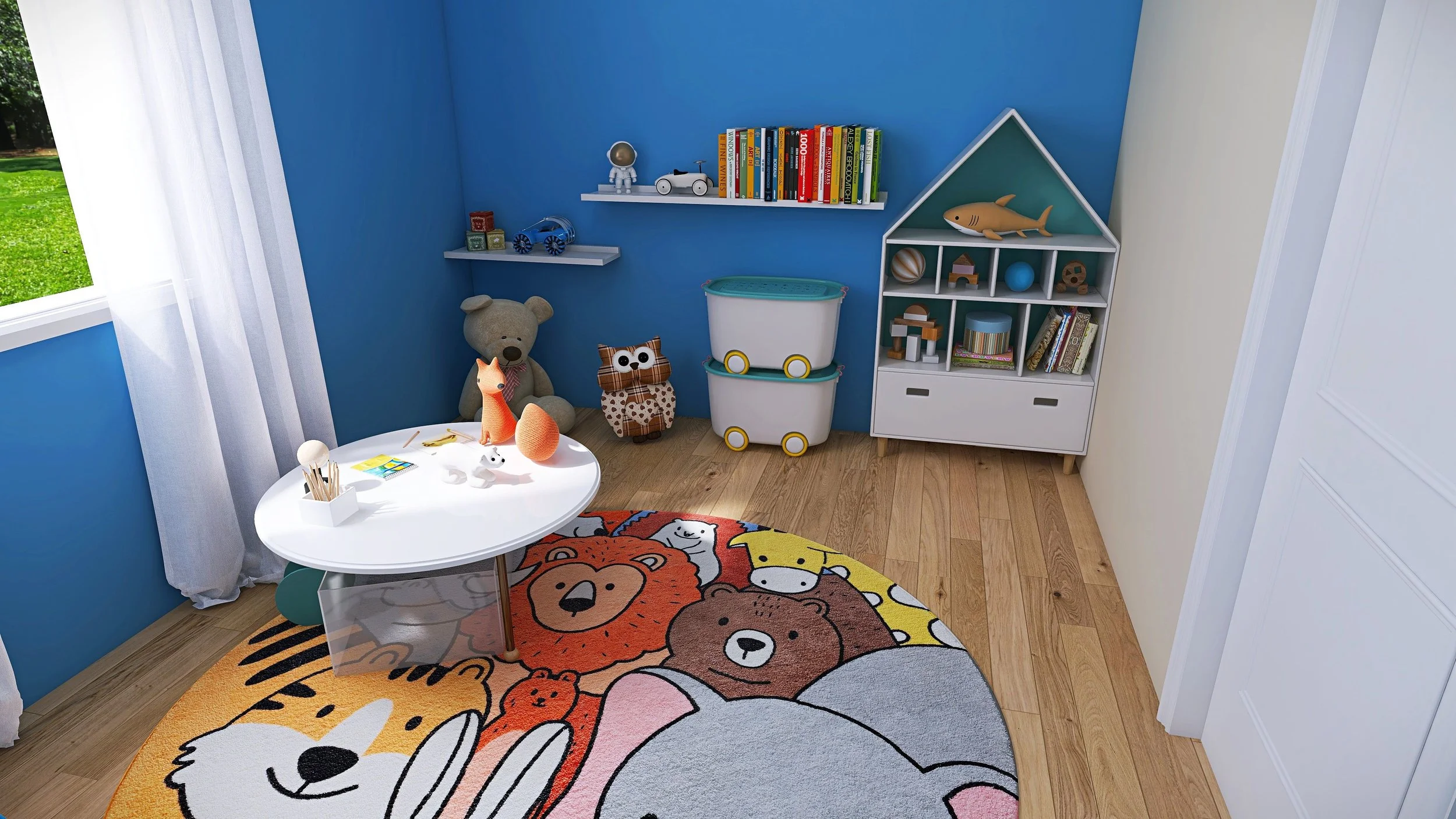 A children's room with blue walls and wooden flooring, decorated with a colorful animal-themed rug, toys on a white round table, stuffed animals including a bear and owl, shelves with toys and books, and a window with white curtains.