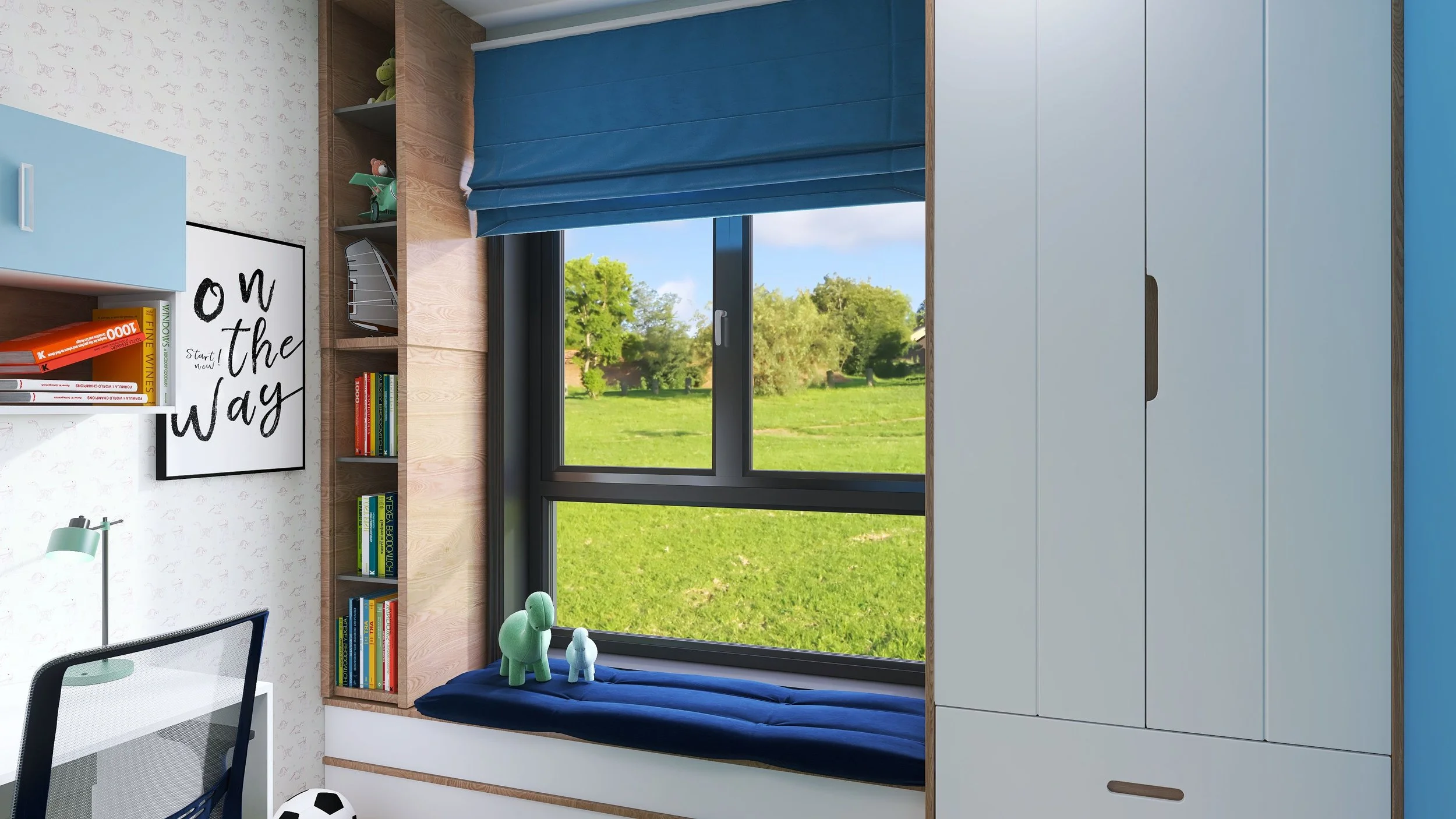 A cozy bedroom corner with a large window, blue window seat cushion, plush toys, bookshelves, a cabinet, and a view of a grassy park with trees outside.
