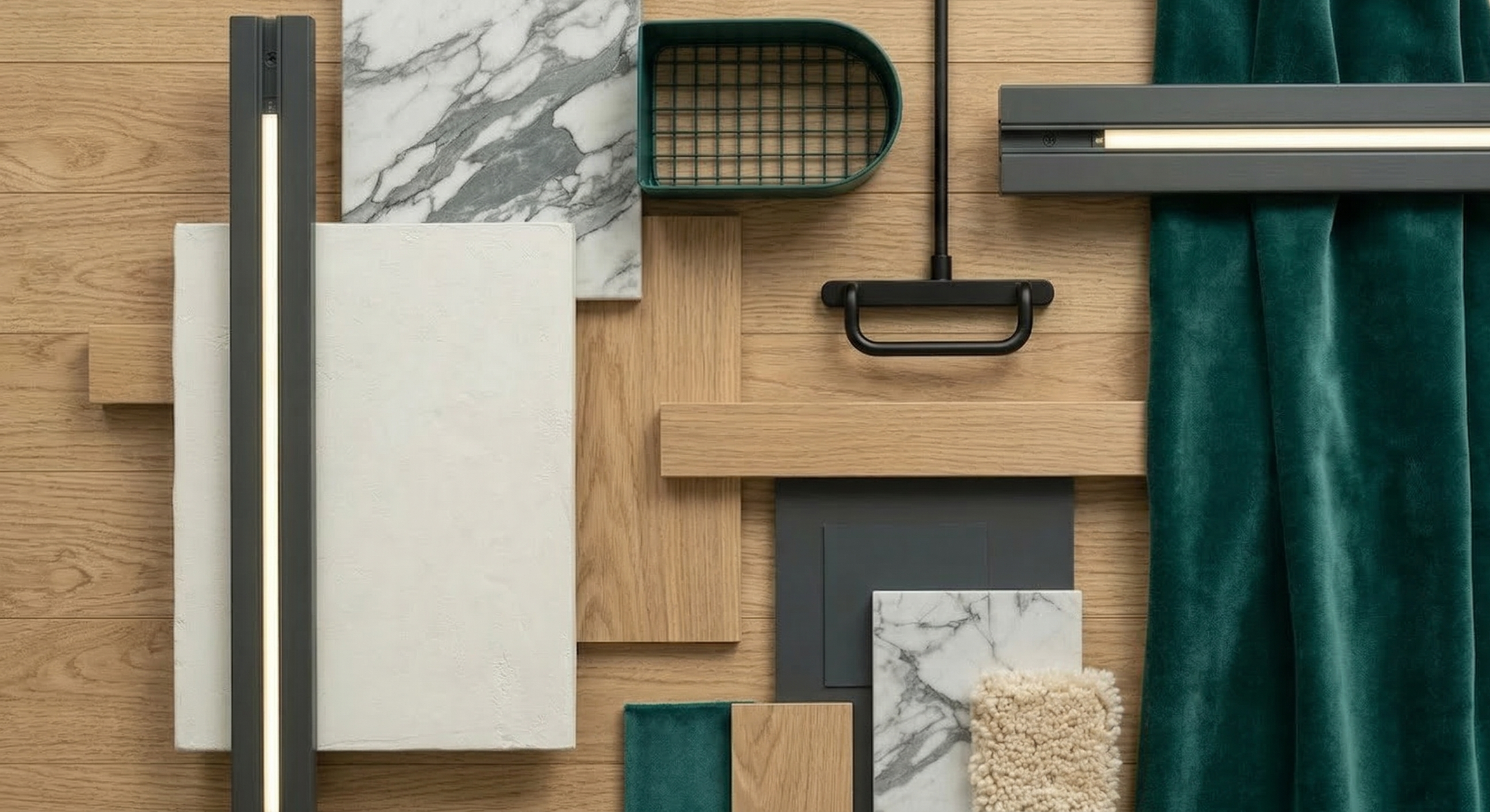Flat lay of various interior design materials and finishes, including wood, marble, fabric, and plastic samples, with a curtain and a LED lighting strip.