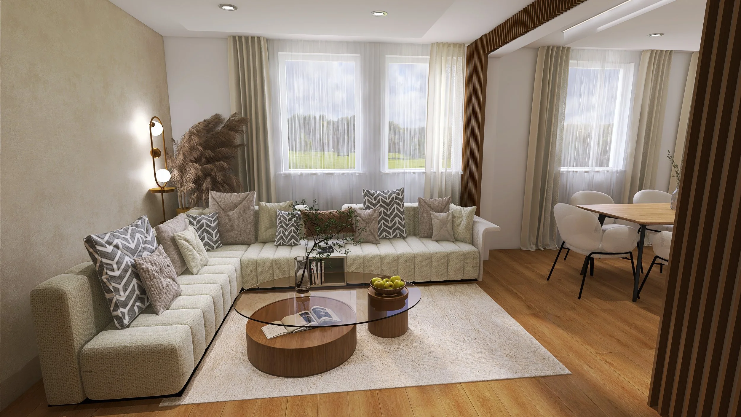 Modern living room with a white sofa, decorative pillows, a glass and wood coffee table, and large windows with sheer curtains, overlooking a green landscape.