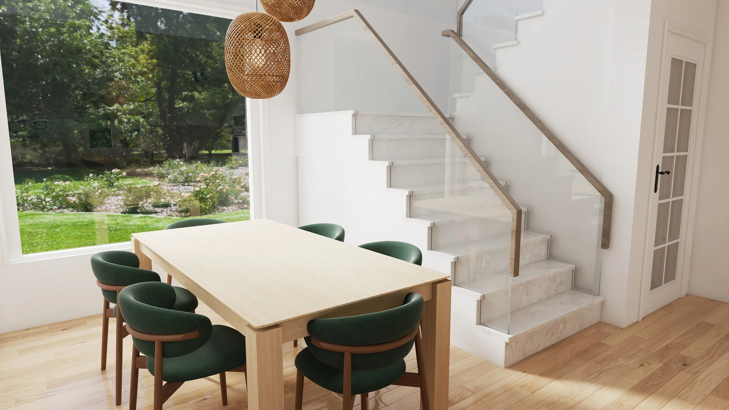 Modern dining area with a wooden table, six green chairs, large window overlooking a lush garden, and a staircase with glass and wood railing.