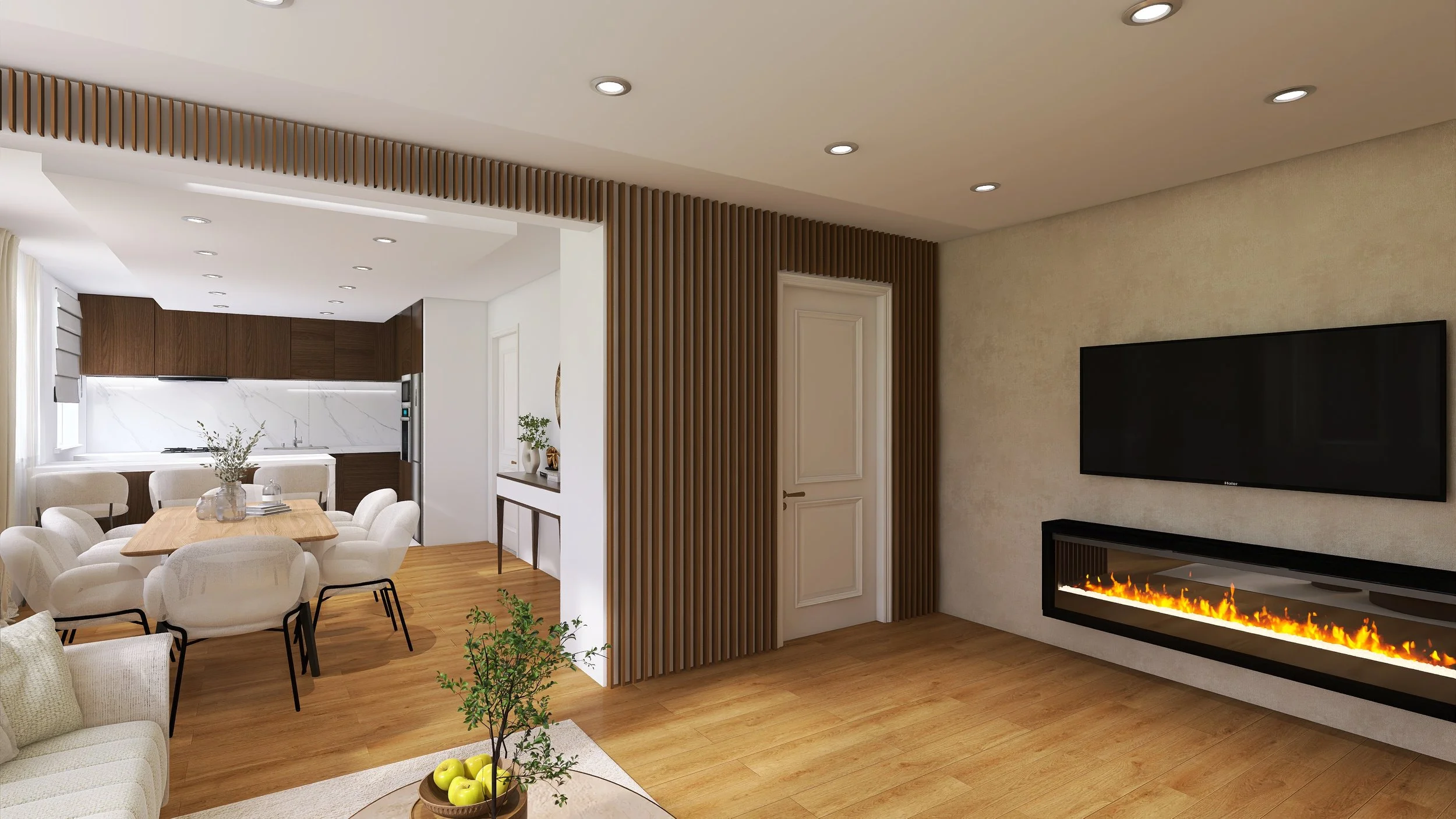 Modern living room with mounted flat-screen TV and electric fireplace, wooden accents, and dining area with white chairs and wooden table.