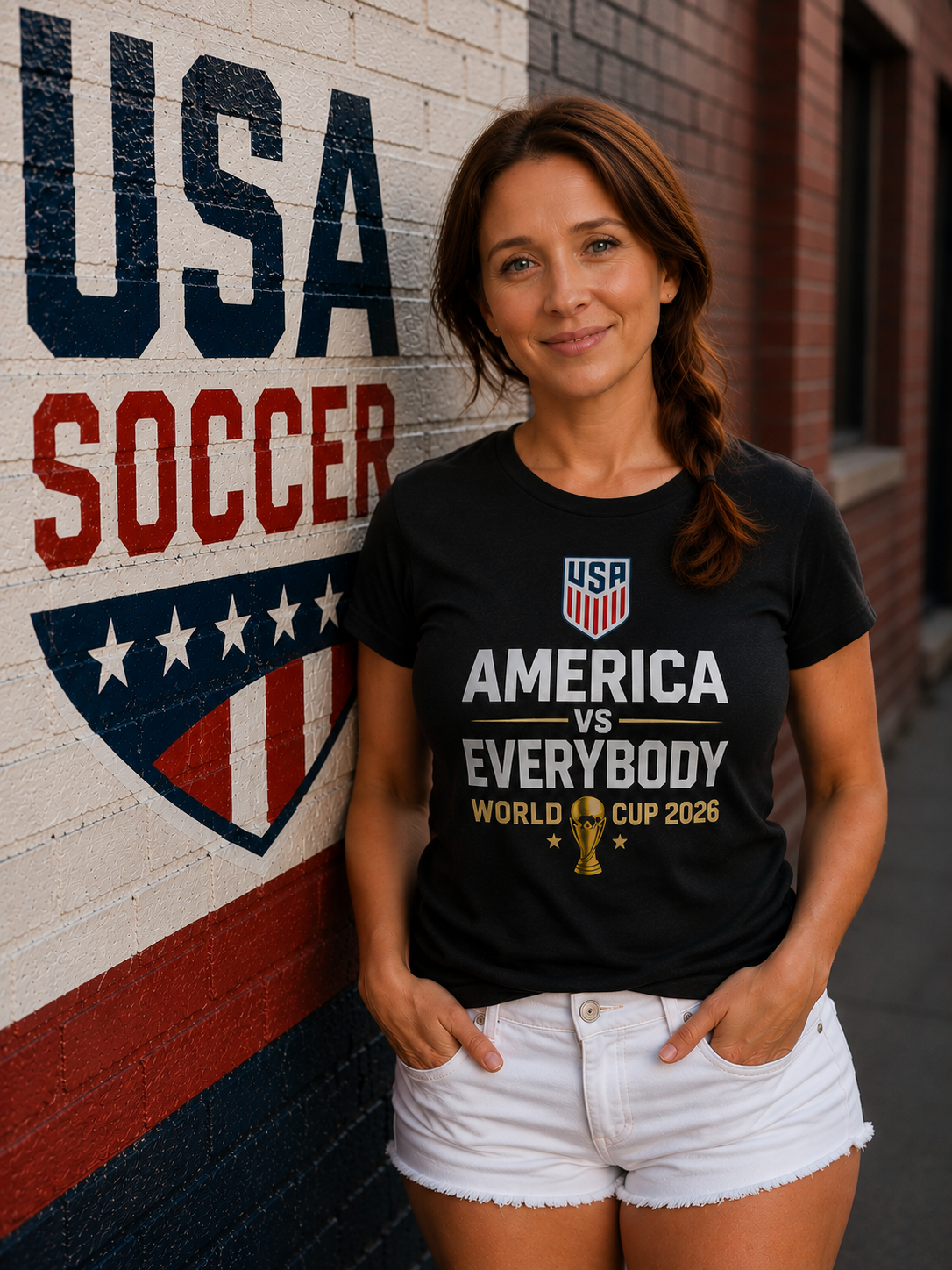 A woman standing against a wall with a political sports-themed mural, wearing a black t-shirt that reads 'USA America vs Everybody World Cup 2026' with a trophy graphic, smiling with one hand in her pocket.