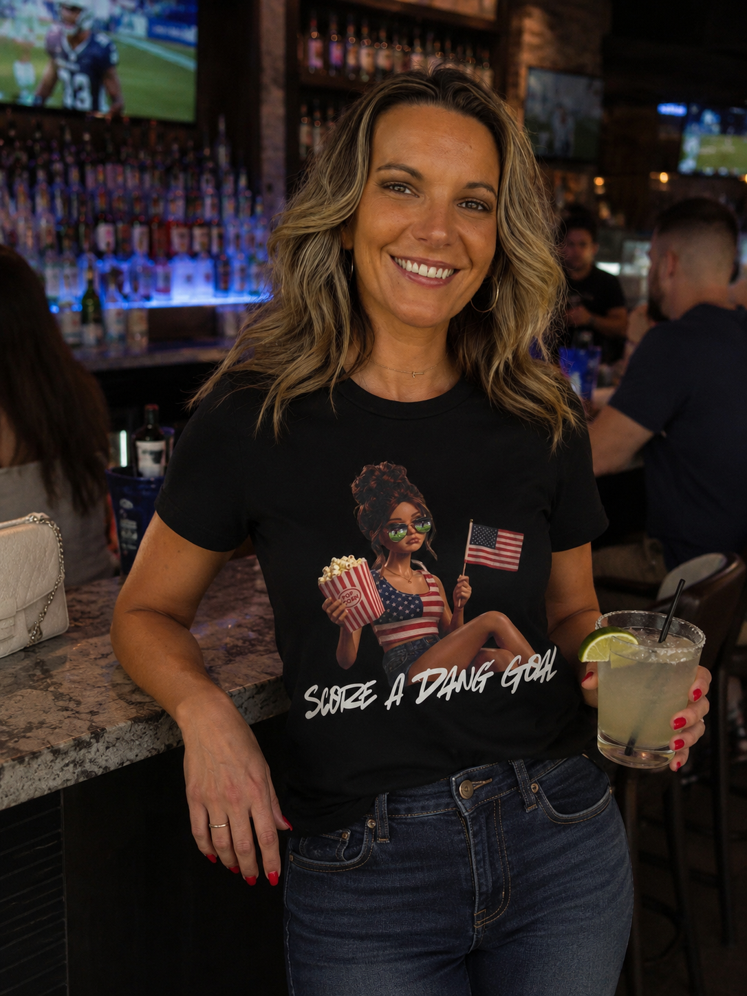 Score A Dang Goal Patriotic Women’s T-Shirt | Funny USA Soccer Graphic Tee