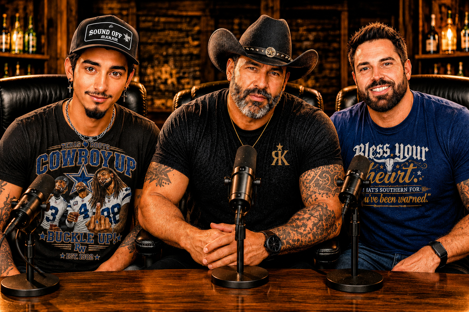 Three men sitting at a table with microphones in front of them, in a dimly lit room with bottles on shelves in the background. All are smiling or looking serious, with tattoos visible on their arms. The man on the left is wearing a black cap and a graphic t-shirt. The man in the middle is wearing a black cowboy hat and a black shirt with tattoos on his arms. The man on the right is wearing a blue t-shirt with gold lettering.