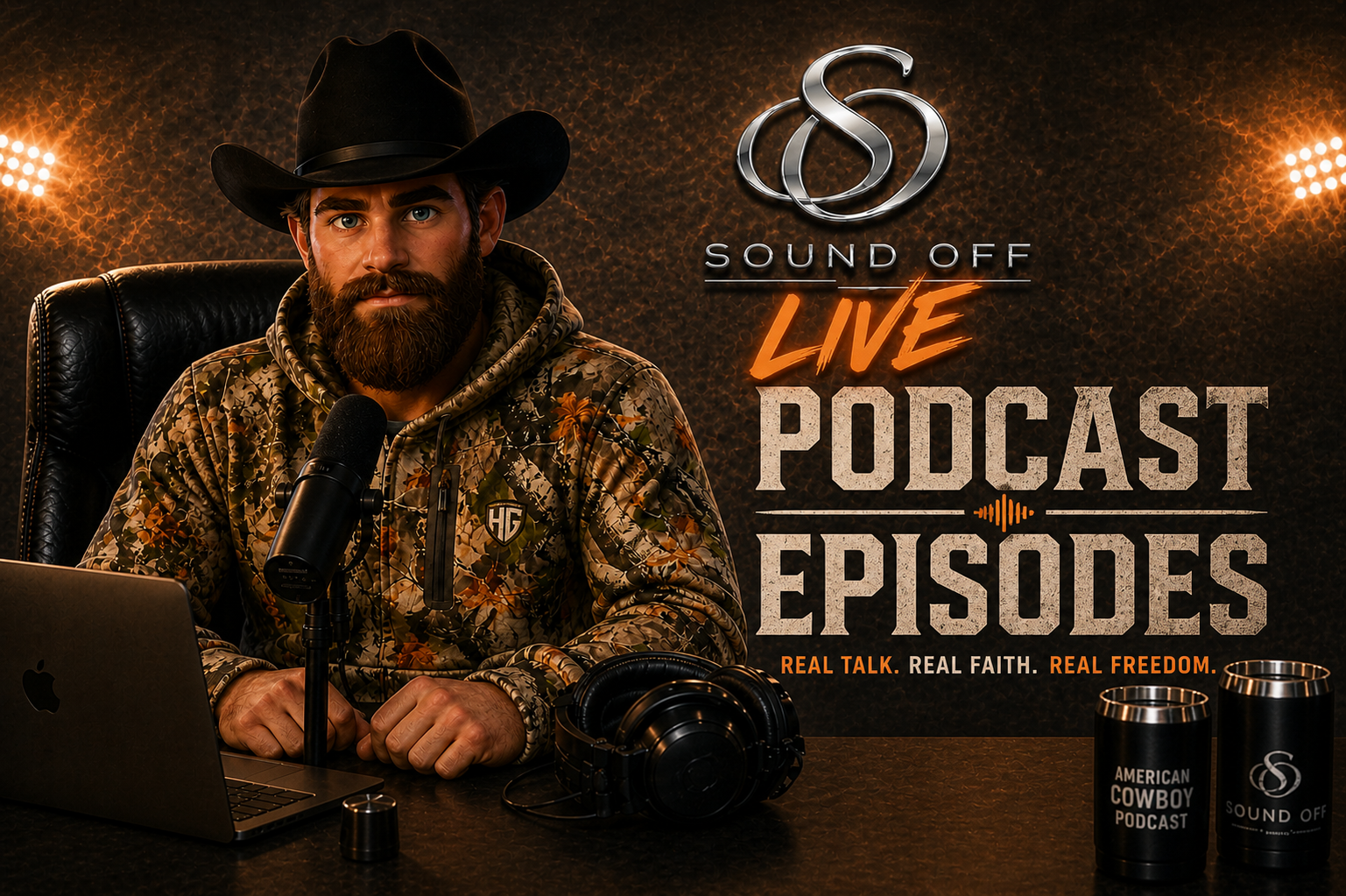 A man with a beard and cowboy hat sitting at a desk with podcasting equipment, including a microphone, headphones, and a laptop. The background displays the Sound Off logo and the text 'Live Podcast Episodes' with the tagline 'Real Talk. Real Faith. Real Freedom.'