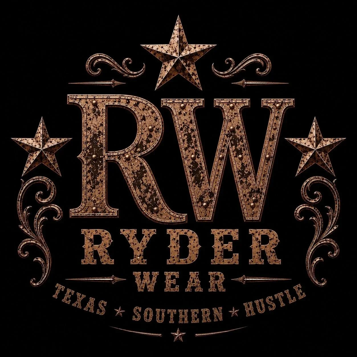 Decorative logo with large gold letters spelling 'RWR' and 'Ryder Wear' beneath, adorned with stars and flourish designs, on a black background.