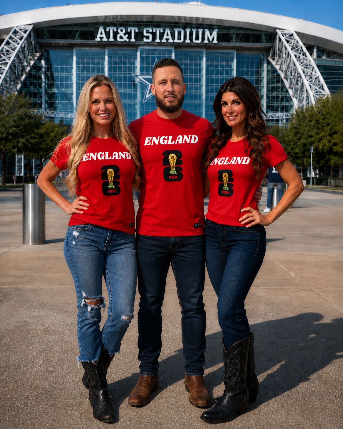 Three people posing outside AT&T Stadium, wearing red England soccer shirts with FIFA World Cup victory logo. Two women with long blonde and dark brown hair, and a man with short dark hair and beard.