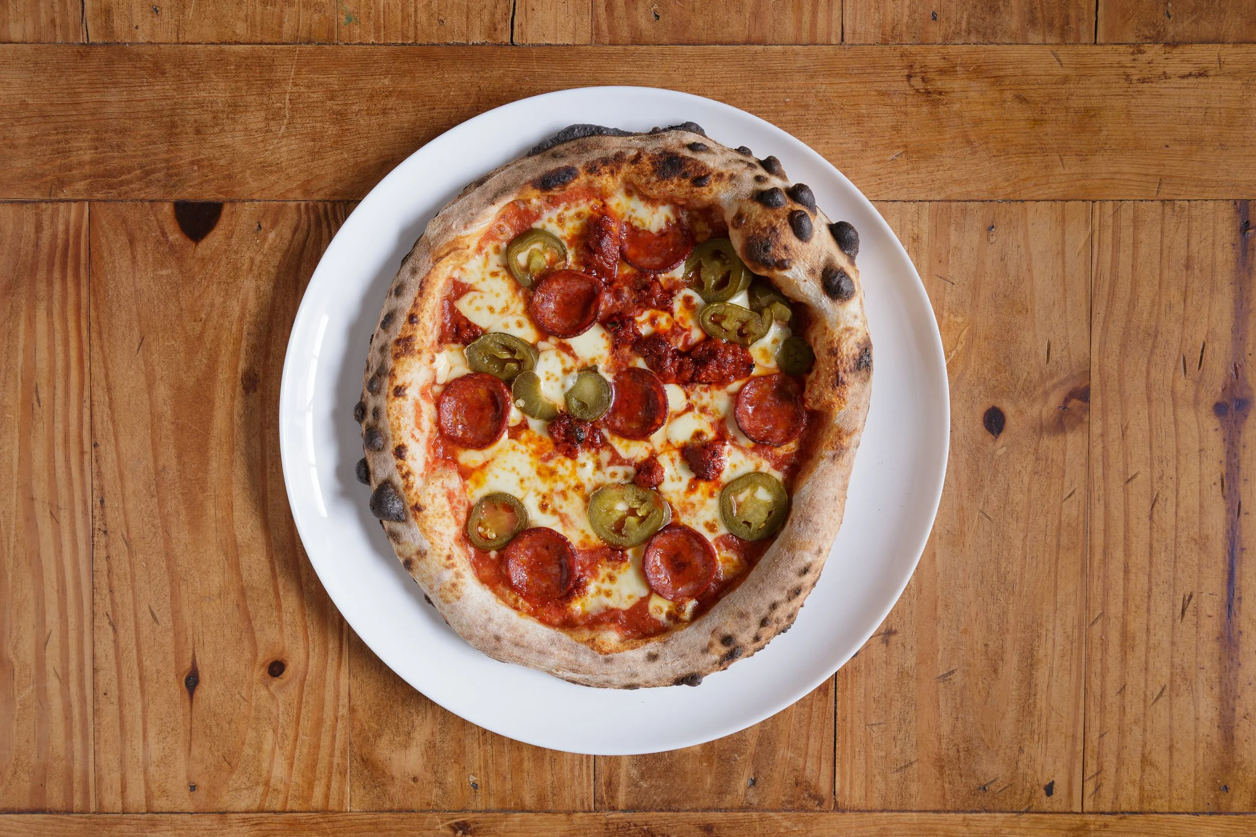 Pat's pizza Diavola spicy meaty pizza with green chilli