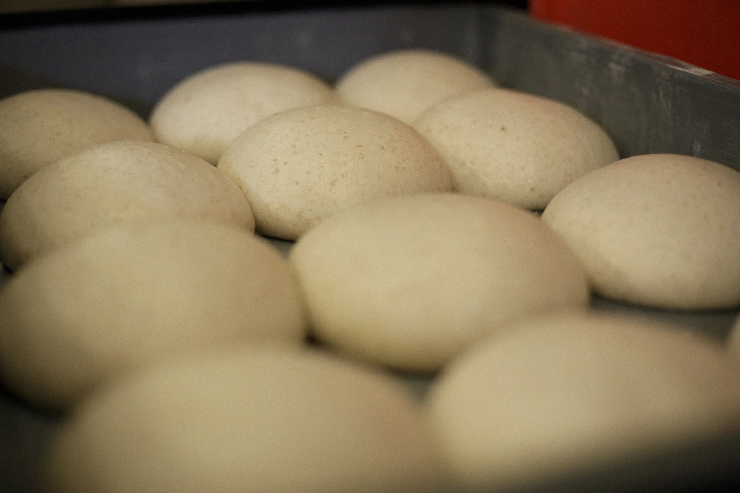 Dough balls arranged on a baking sheet ready for baking.