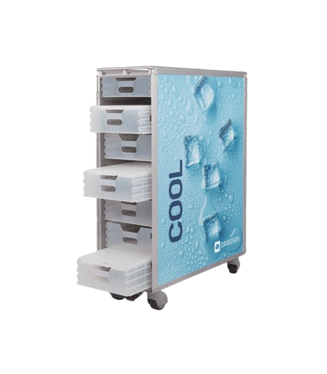 A refrigerated display case with multiple shelves behind a glass door, featuring an advertisement for 'COOL' water with ice cubes on the side.