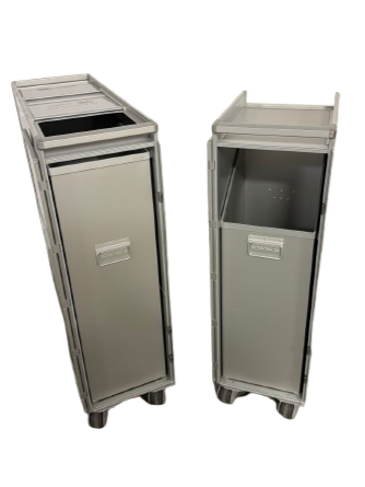 Two metal trash or recycling bins with open tops, standing side by side on a black background.