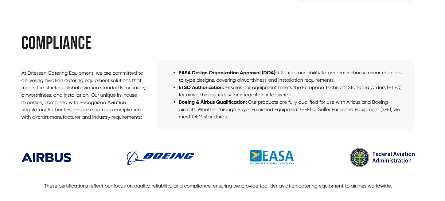 A document titled 'Compliance' from Driessen Catering Equipment detailing certifications including EASA Design Organization Approval, ETSO Authorization, and Boeing & Airbus Qualification, with logos of Airbus, Boeing, EASA, and Federal Aviation Administration at the bottom.