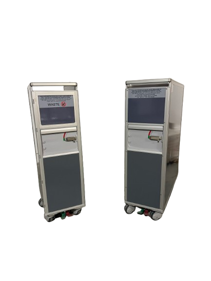 Two stainless steel vending machines on wheels, with digital screens on top, and a dispensing area below, positioned on a black background.