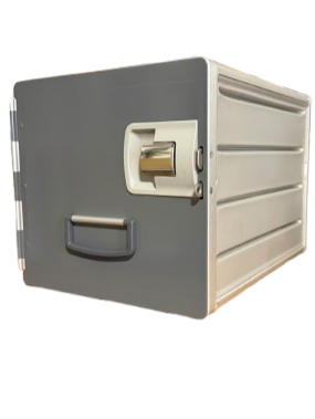 A gray metal lockbox with a handle and a sealed compartment.
