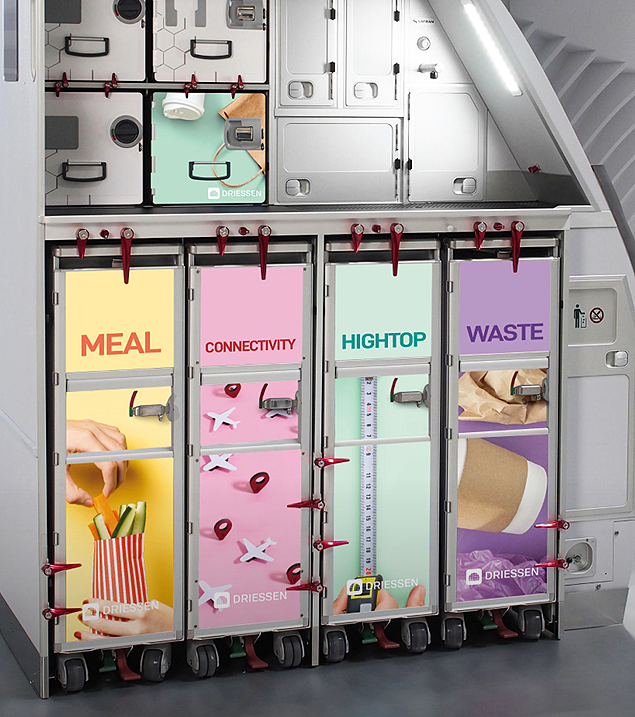 A set of four labeled rolling storage cabinets with colorful labels: MEAL, CONNECTIVITY, HIGHTOP, and WASTE, each containing related items, in a room with gray flooring and staircase.