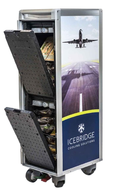 A mobile vending cart with a design featuring an airplane taking off from a runway and the Icebridge Cooling Solutions logo.