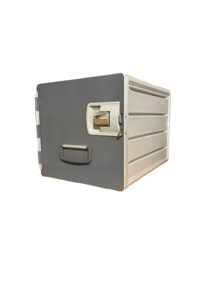 A gray metal safe with a combination dial lock and handle.