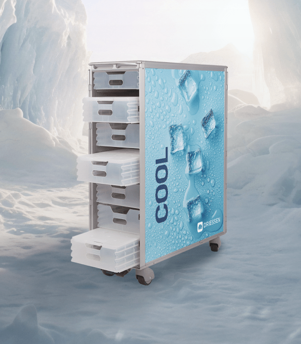 A refrigerated mobile cart with the word 'COOL' on the side panel decorated with ice cubes and water droplets, set against a snowy background.