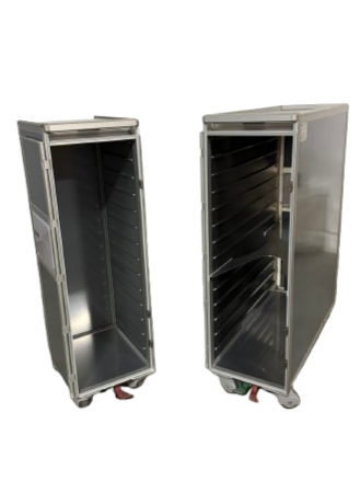 Two empty stainless steel storage cabinets on wheels with open doors, showing multiple shelves inside.
