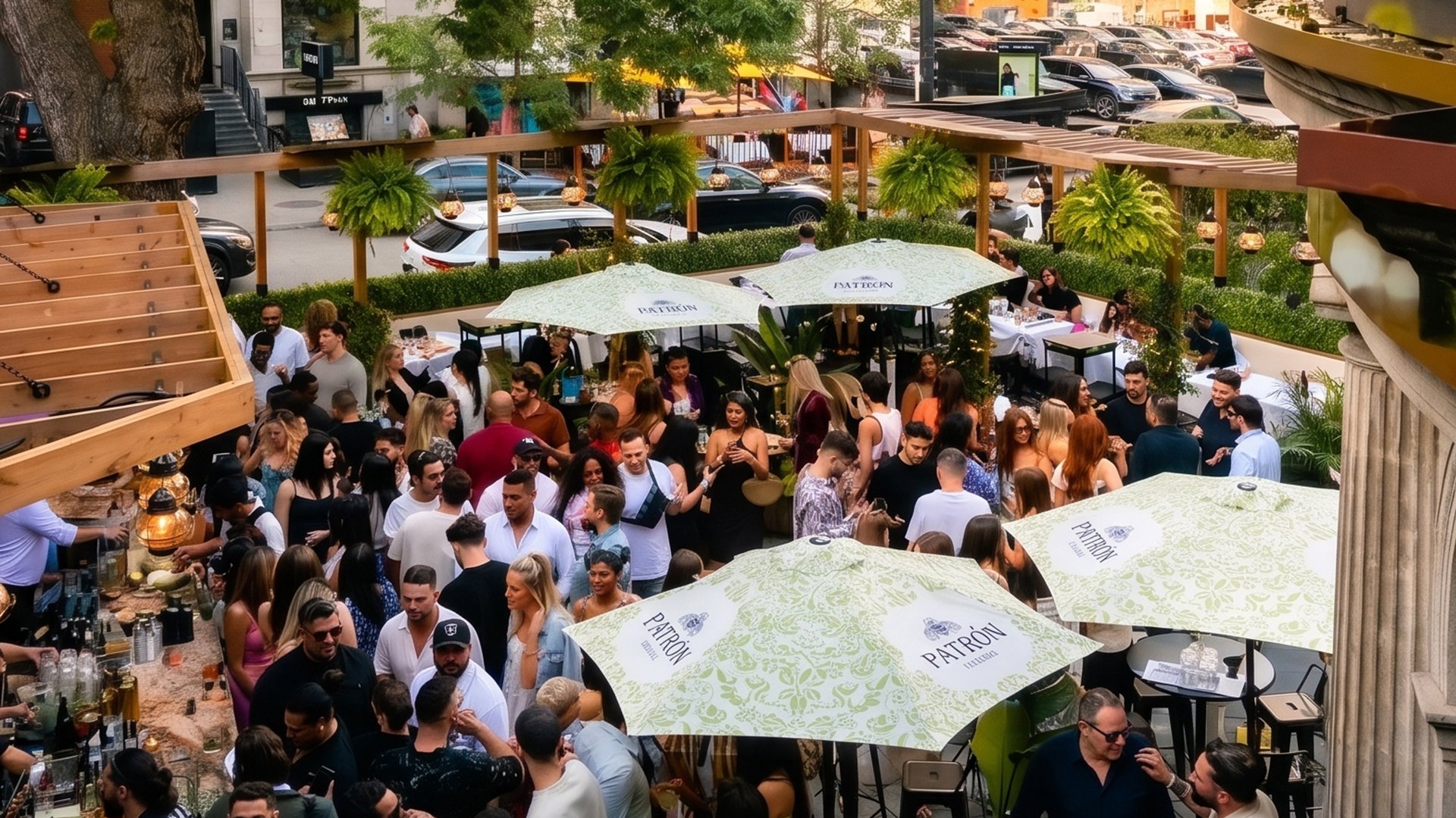 Crowd of people gathered outdoors at a patio restaurant, with large umbrellas branded with 'Patrón' providing shade, trees, and parked cars in the background.