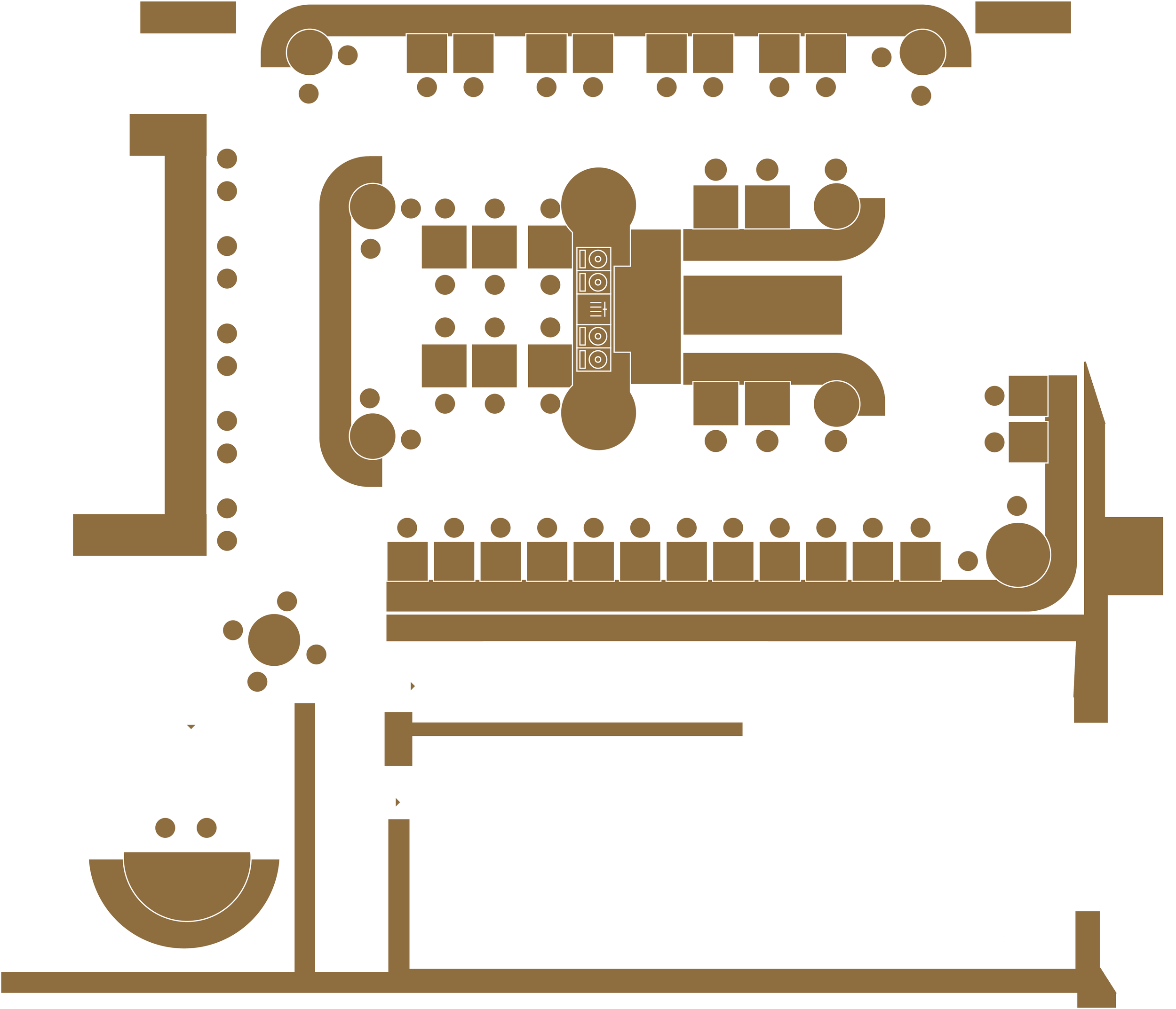 A detailed floor plan of a building layout showing rooms, hallways, a kitchen, and a basketball court.