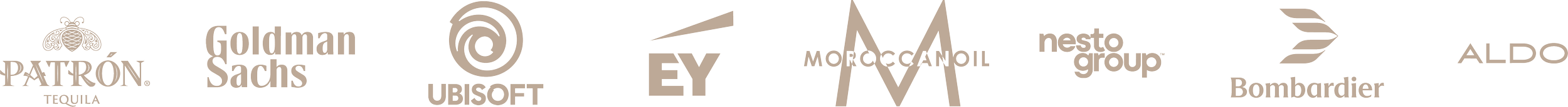 Collection of various company logos, including Patron Tequila, Goldman Sachs, Ubisoft, EY, Moroccan Oil, Nesto Group, Bombardier, and ALDO.