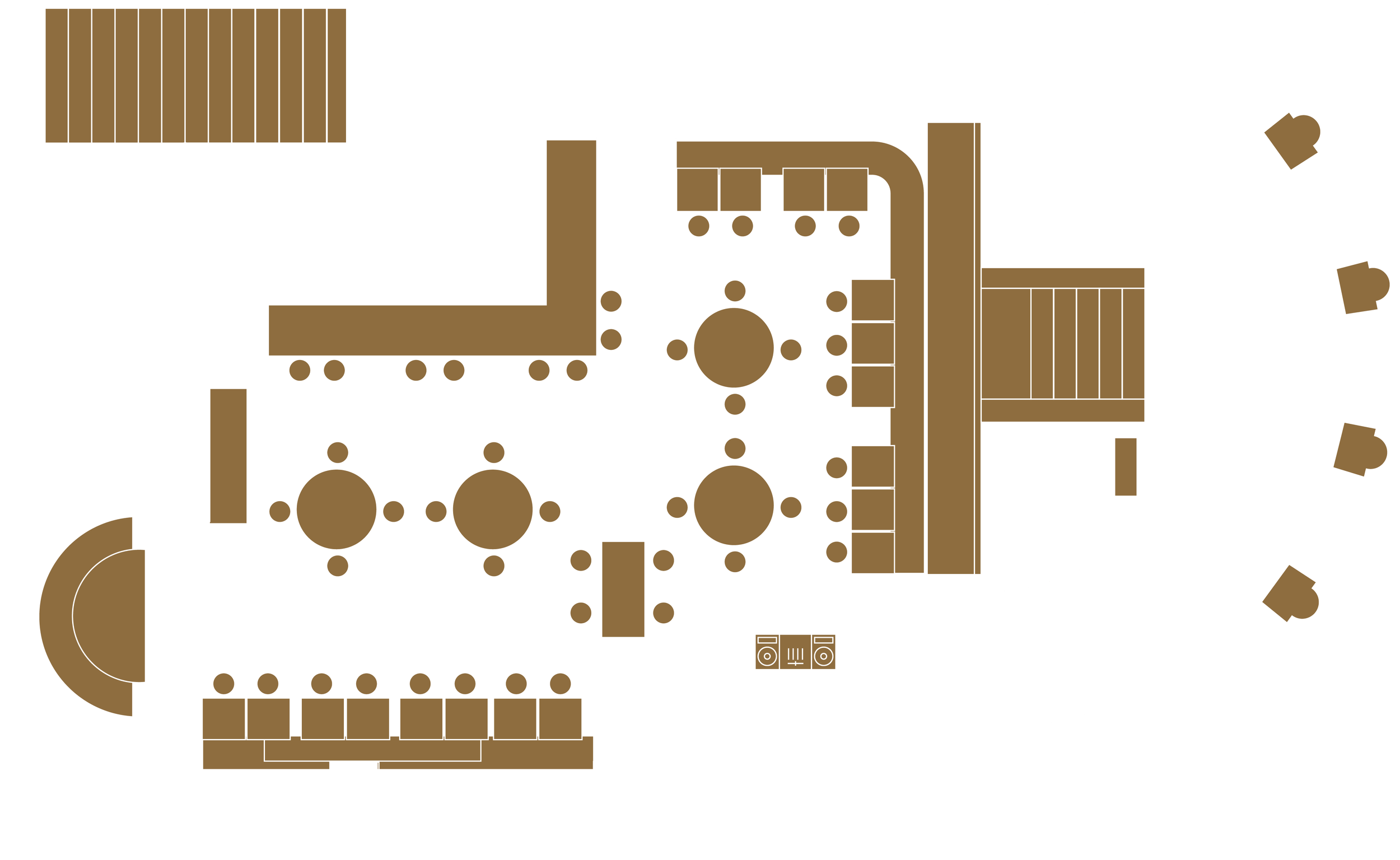 Architectural floor plan of a commercial or public building featuring multiple rooms, tables, and seating areas, with stairs, a stage or platform, and a kitchen or service area.