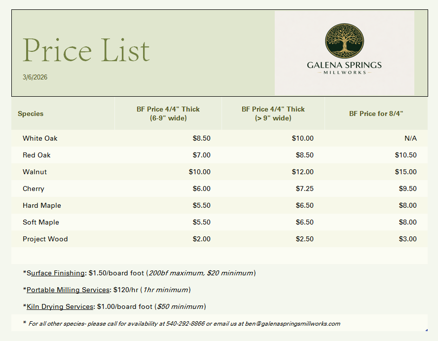 Price list from Galena Springs Millworks, dated 3/6/2026, showing prices for different types of wood species and dimensions, including surface finishing, milling, and kiln drying services.