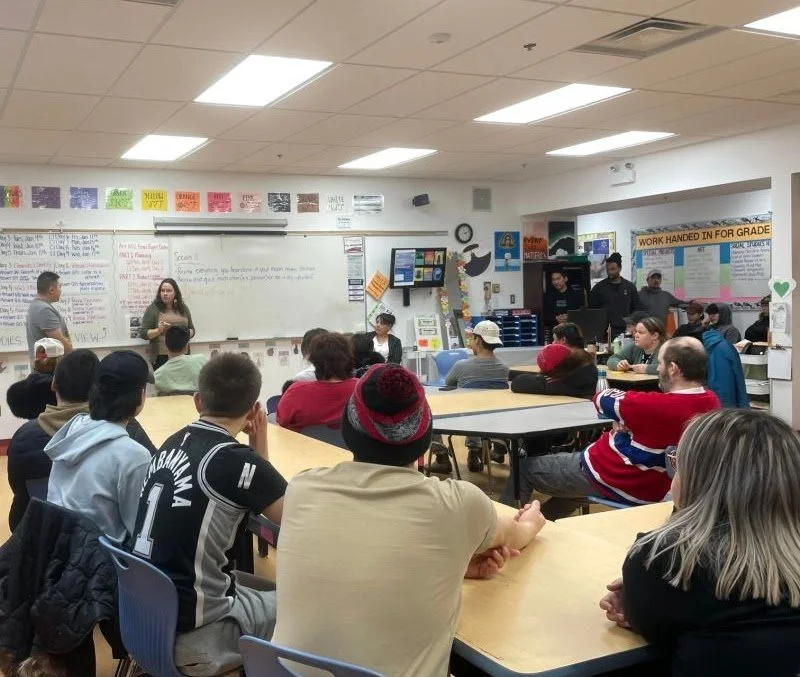 A classroom filled with students and a teacher presenting at the front. Whiteboards with notes and colorful posters on the walls.