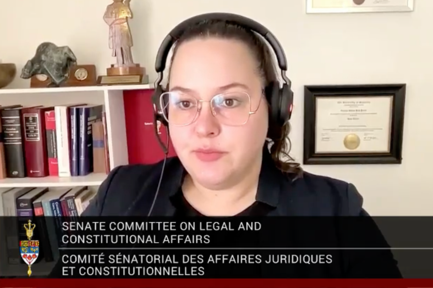 Victoria Perrie of Marrow Law speaks at the Standing Senate Committee on Legal and Constitutional Affairs for Bill S-205 on behalf of the Indigenous Bar Association, advocating on corrections and conditional release.