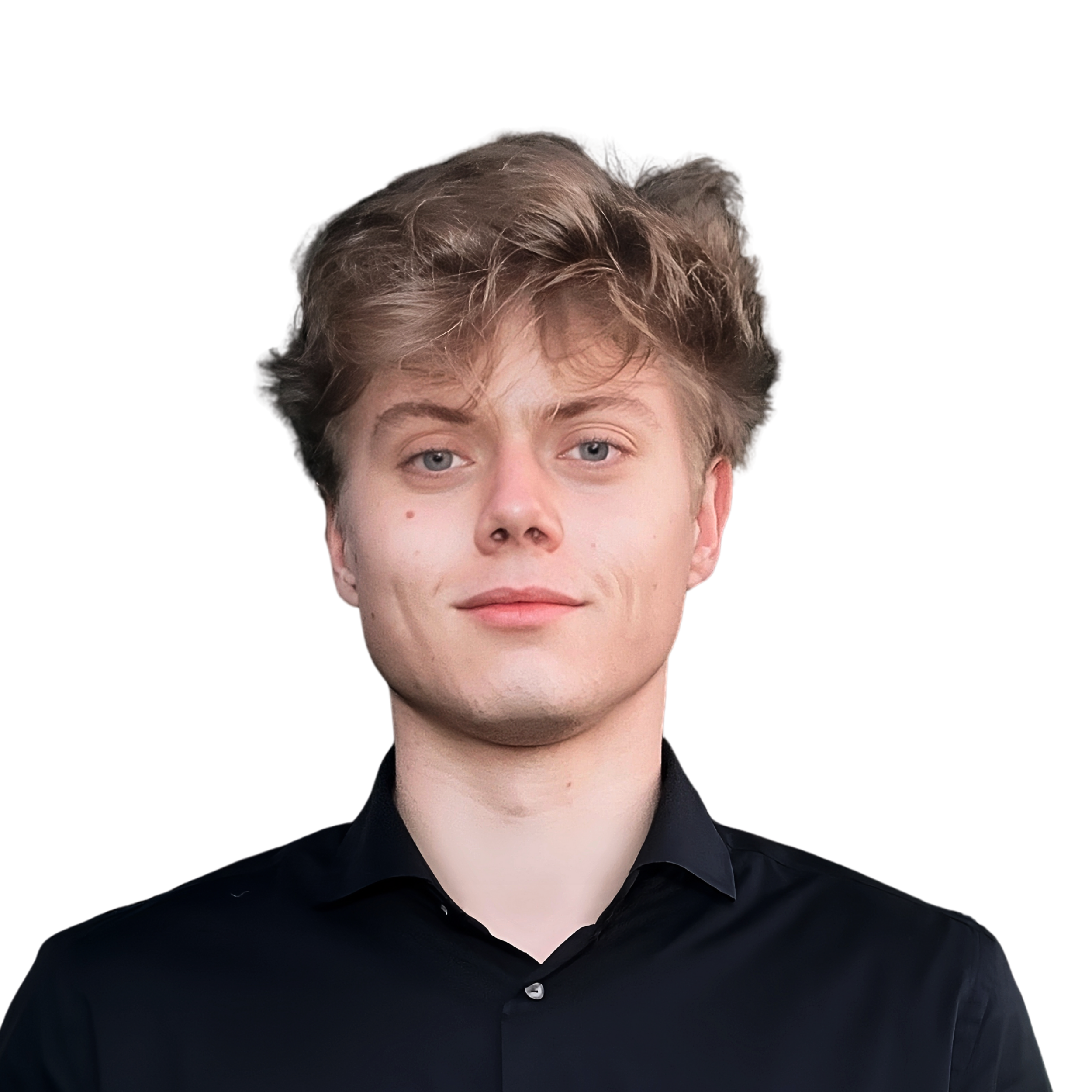 Portrait of a young man with light brown, wavy hair, fair skin, and blue eyes wearing a black collared shirt.