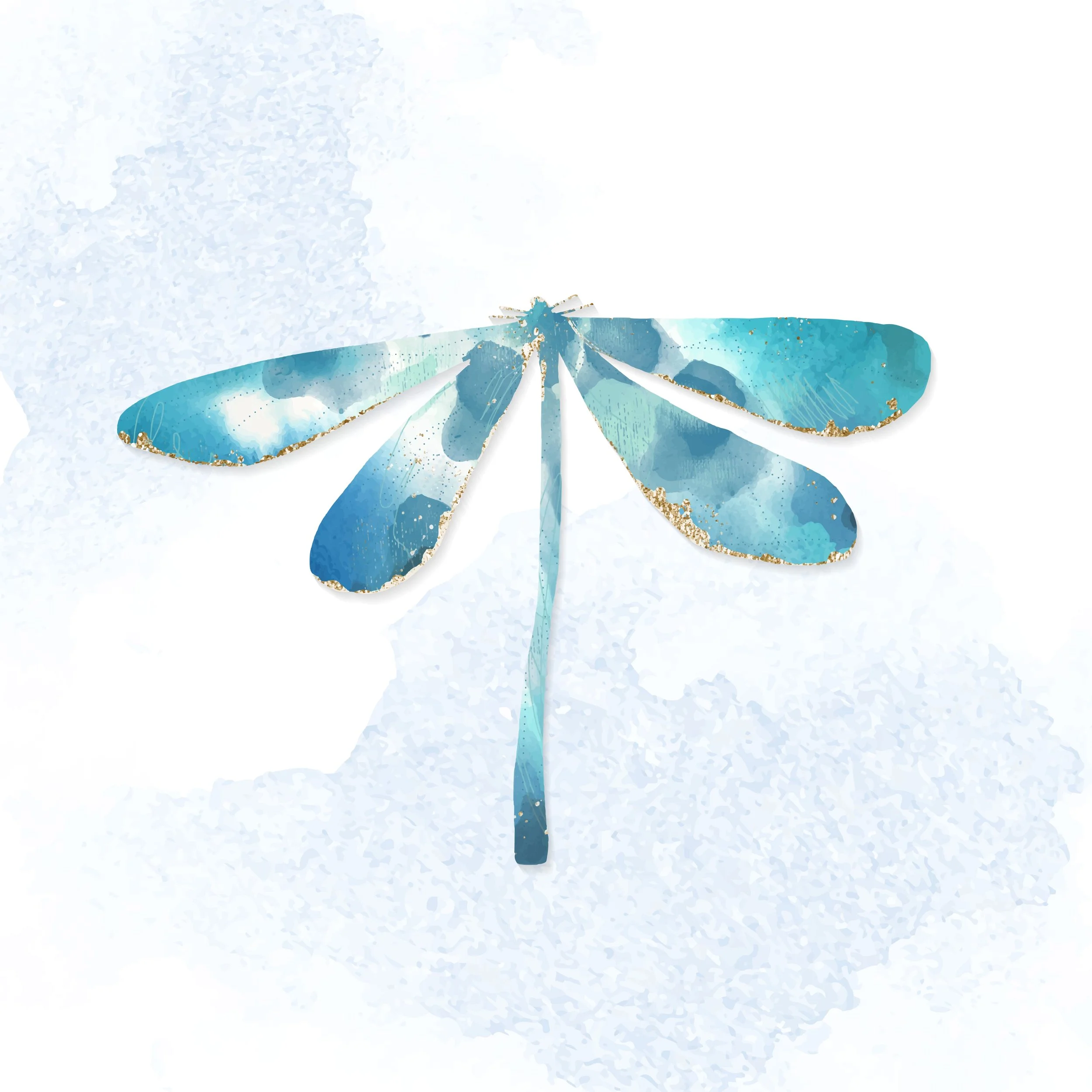 A watercolor illustration of a blue dragonfly with gold accents on the wings, set against a light textured background.