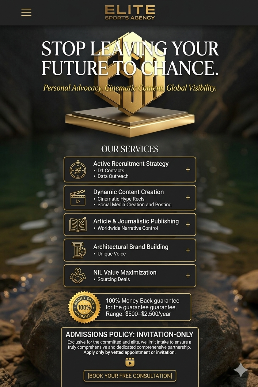 A promotional webpage for Elite Sports Agency featuring a gold 3D logo and text that says "Stop leaving your future to chance." The page lists services including active recruitment strategy, dynamic content creation, article and journalistic publishing, architectural brand building, and NIL value maximization. It also mentions a money-back guarantee and an invitation-only admissions policy, with a button to book a free consultation.