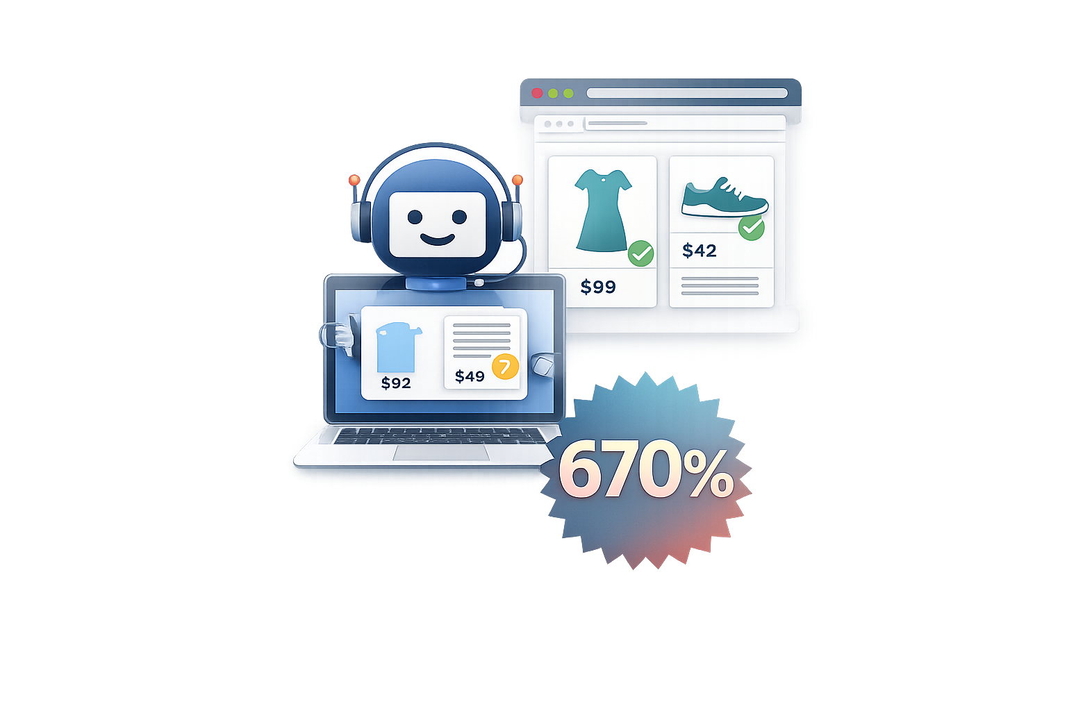 A computer screen showing an online shopping website with clothing and shoes, a chatbot icon with a headset, and a graph showing a 67% increase.