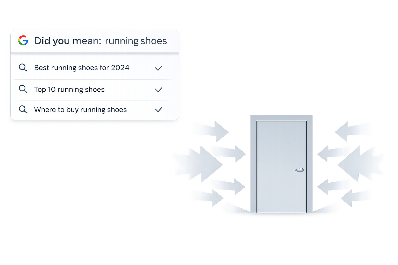 Google search suggestion box with options for 'Did you mean: running shoes,' 'Best running shoes for 2024,' 'Top 10 running shoes,' and 'Where to buy running shoes,' with a door in the background surrounded by arrows symbolizing airflow or movement.