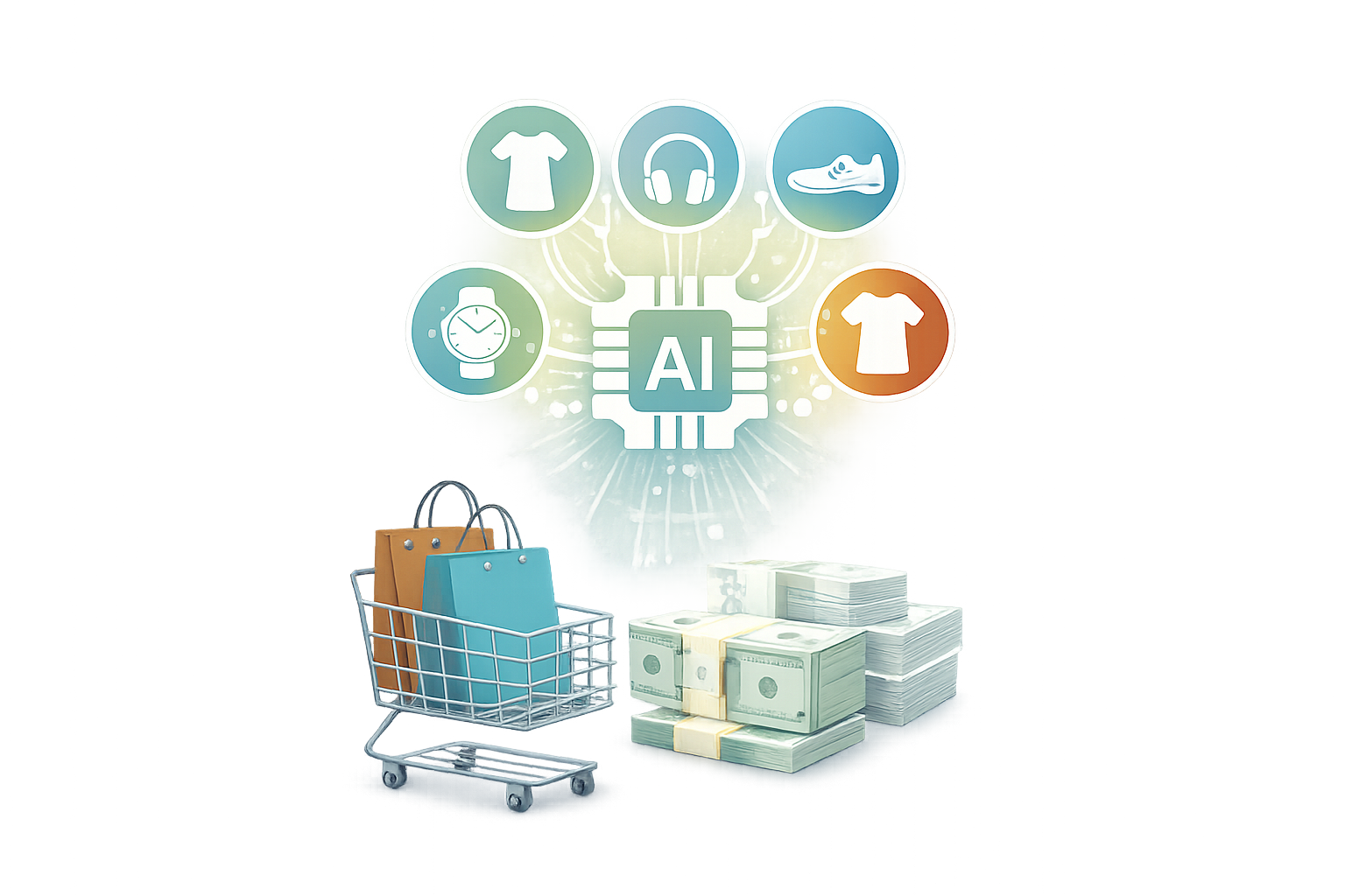 Graphic illustration of AI and retail shopping, featuring a shopping cart with groceries, stacks of cash, and icons representing clothing, headphones, shoes, a watch, and clothing on a digital display.